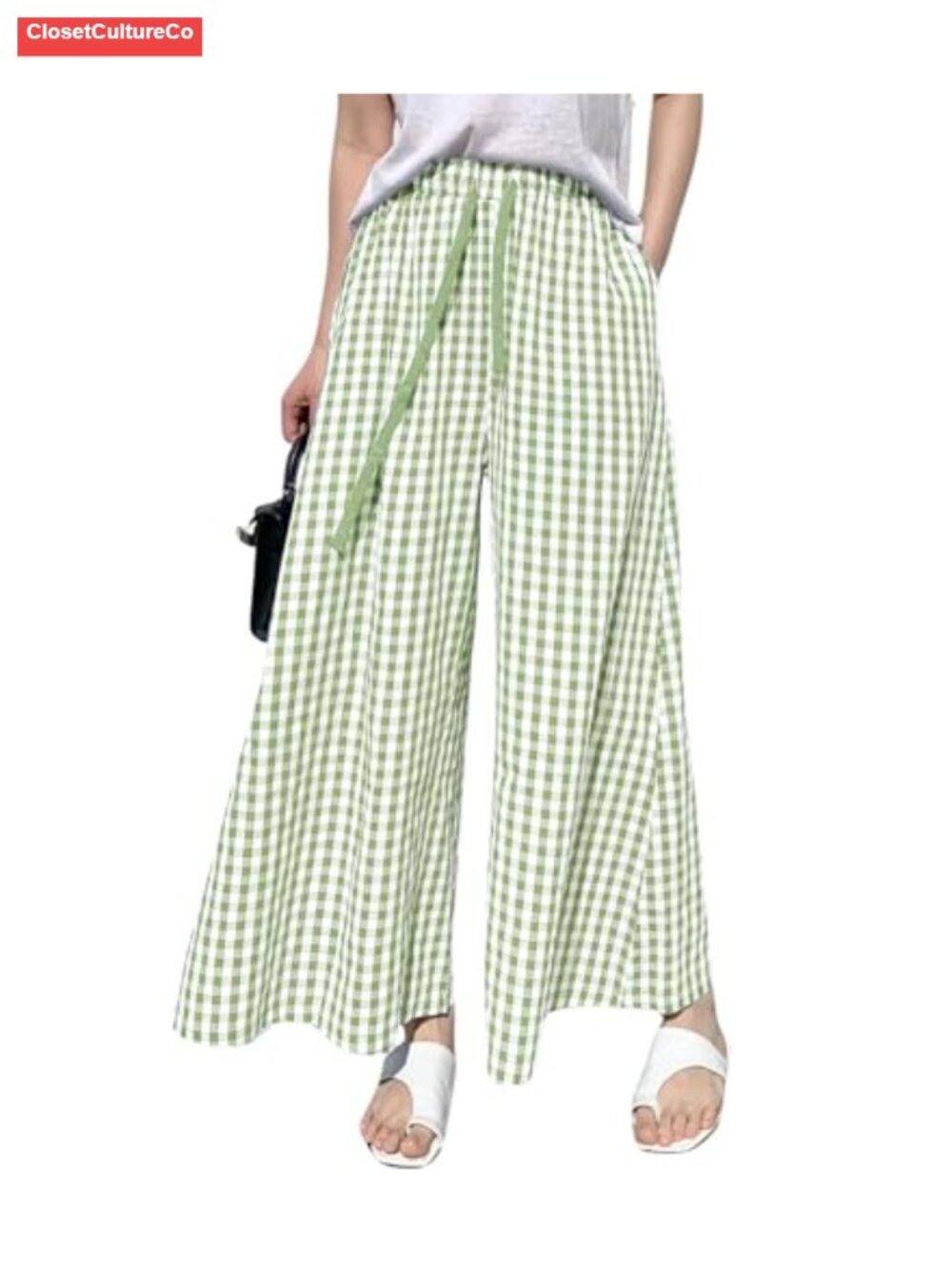 Wide Leg Plaid Culotte Pants High Elastic Waist Cropped Palazzo with Pockets